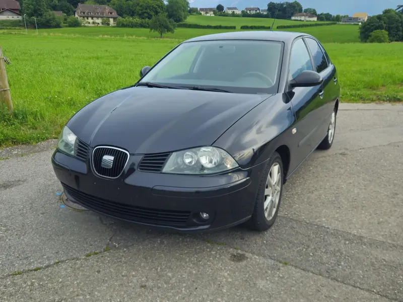 Seat Ibiza noire devant un pré, collines et Alpes en arrière-plan